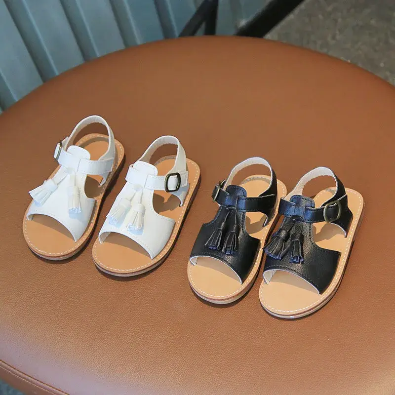 Nice Tassel Shoes for Kids Girls Retro Black White Brown Summer Shoes Child Sandals Fresh Little Girl Beach Shoes Flats H05143