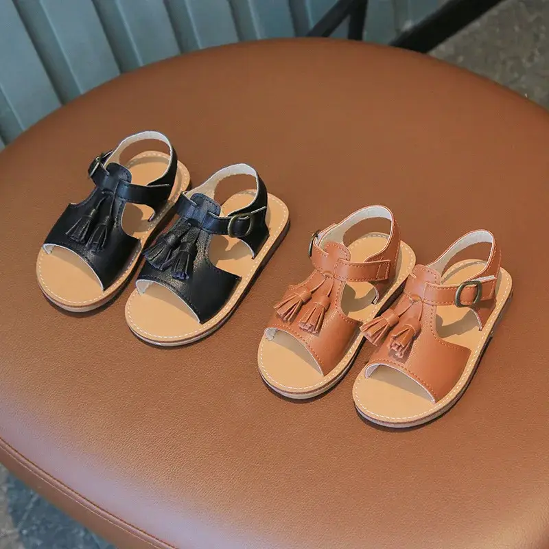 Nice Tassel Shoes for Kids Girls Retro Black White Brown Summer Shoes Child Sandals Fresh Little Girl Beach Shoes Flats H05143