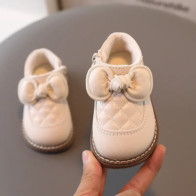 Cute Butterfly-knot Shoes for Baby Girl Plaid Infant Fisrt Shoes Winter Velvet PU Leather Shoes Toddler Walking  Footwear H07031