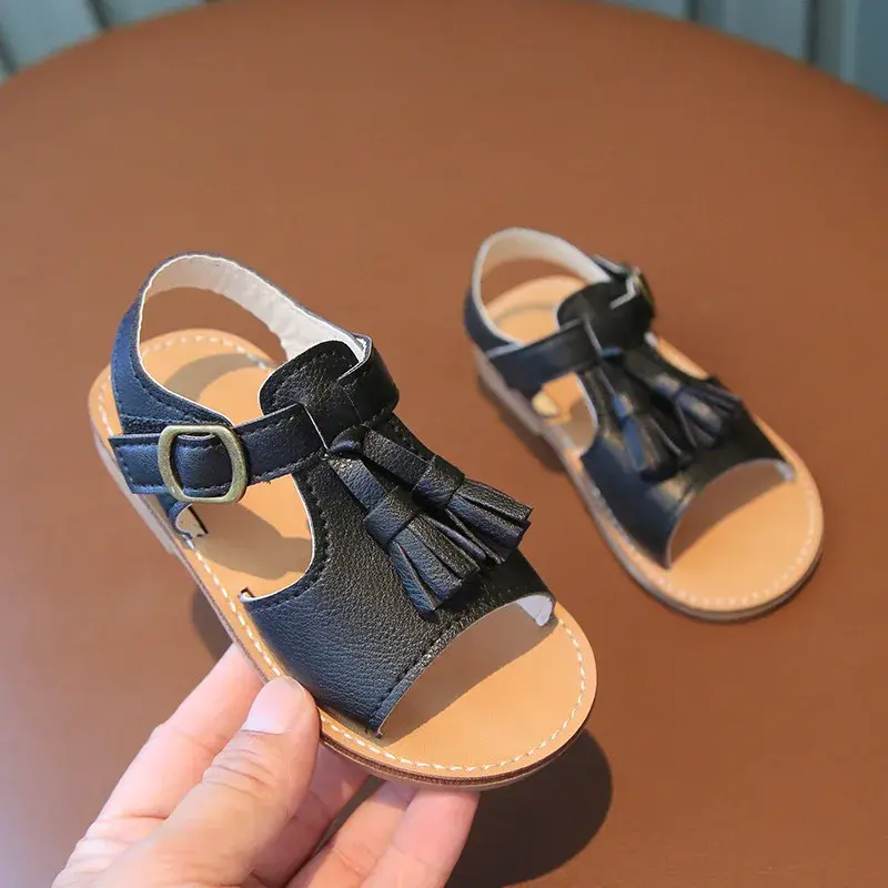 Nice Tassel Shoes for Kids Girls Retro Black White Brown Summer Shoes Child Sandals Fresh Little Girl Beach Shoes Flats H05143
