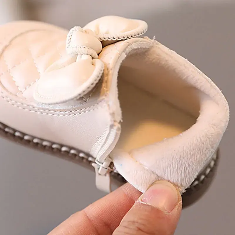 Cute Butterfly-knot Shoes for Baby Girl Plaid Infant Fisrt Shoes Winter Velvet PU Leather Shoes Toddler Walking  Footwear H07031