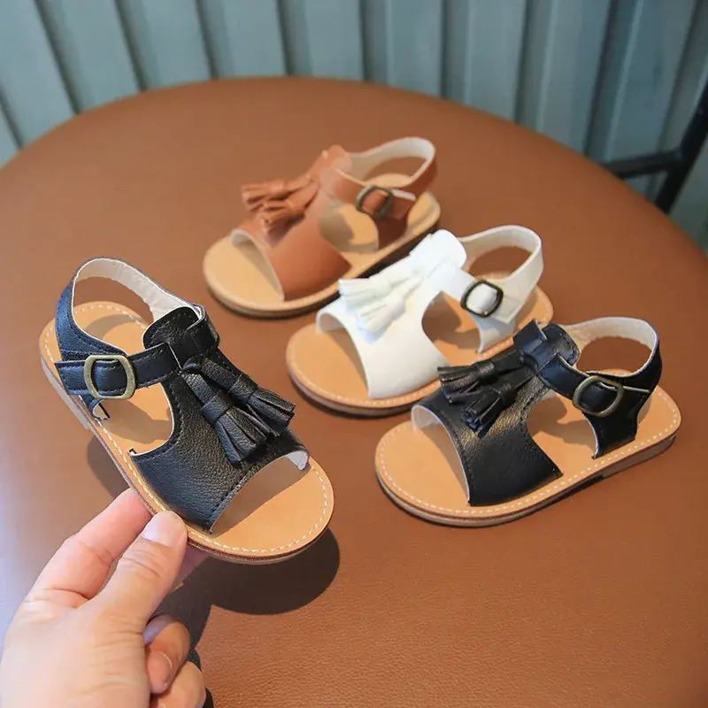 Nice Tassel Shoes for Kids Girls Retro Black White Brown Summer Shoes Child Sandals Fresh Little Girl Beach Shoes Flats H05143
