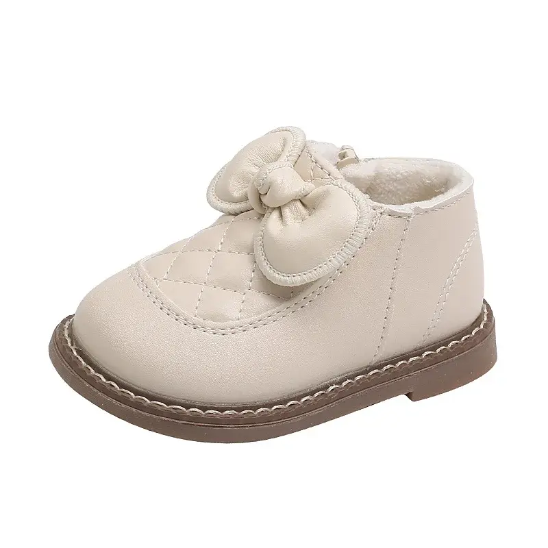 Cute Butterfly-knot Shoes for Baby Girl Plaid Infant Fisrt Shoes Winter Velvet PU Leather Shoes Toddler Walking  Footwear H07031