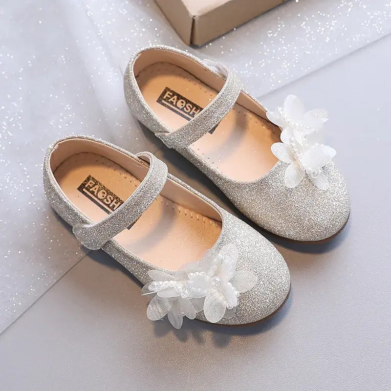 Newest Spring Girls Leather Shoes Hot Children Girl Baby Princess Flowers Sneakers Pearls Diamond Shoes Kids Dance Shoes I07162