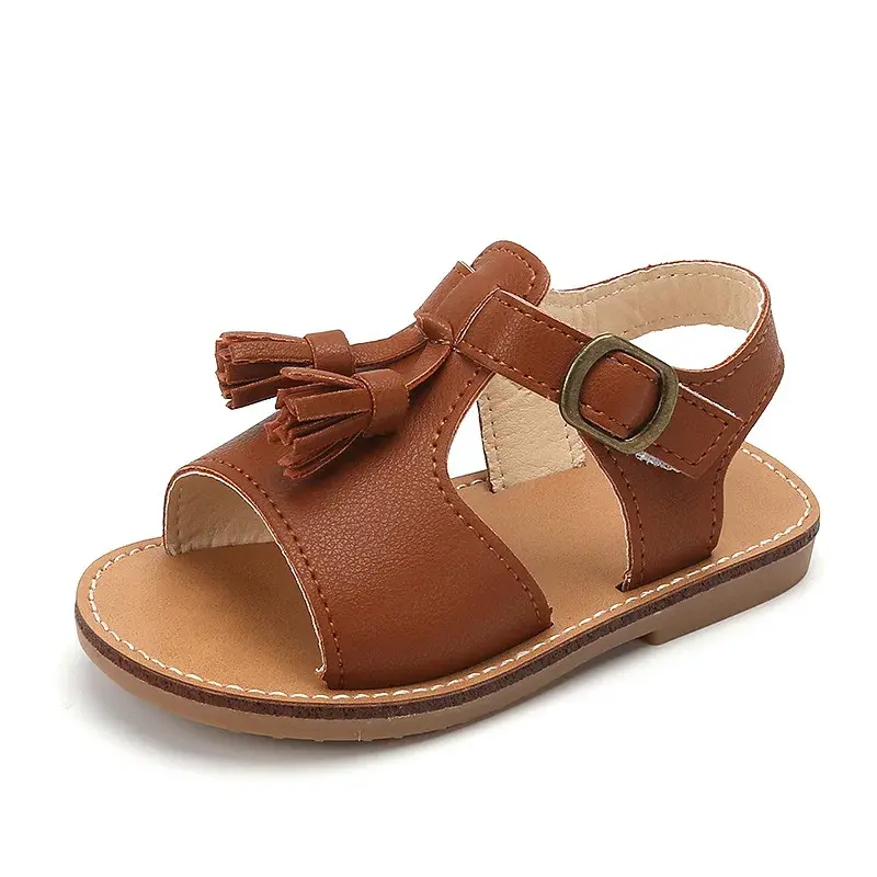 Nice Tassel Shoes for Kids Girls Retro Black White Brown Summer Shoes Child Sandals Fresh Little Girl Beach Shoes Flats H05143