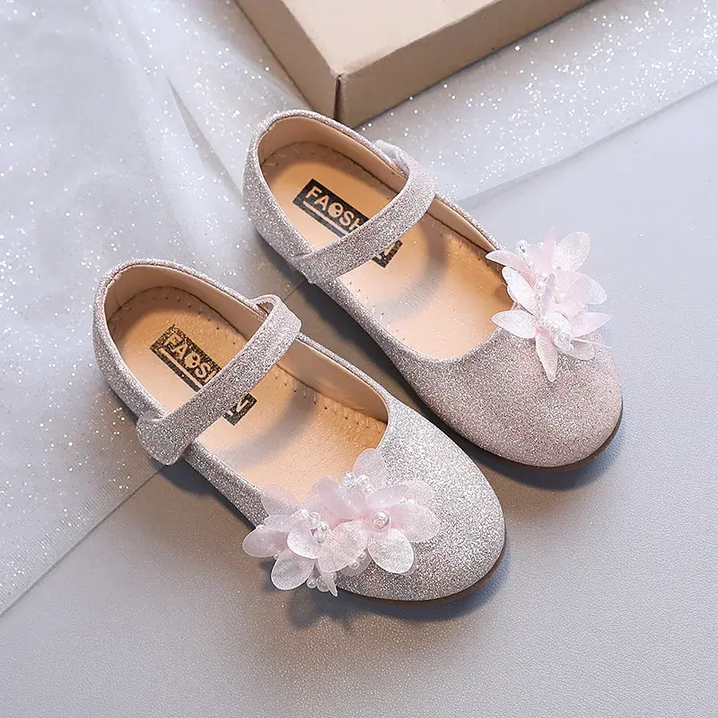 Newest Spring Girls Leather Shoes Hot Children Girl Baby Princess Flowers Sneakers Pearls Diamond Shoes Kids Dance Shoes I07162