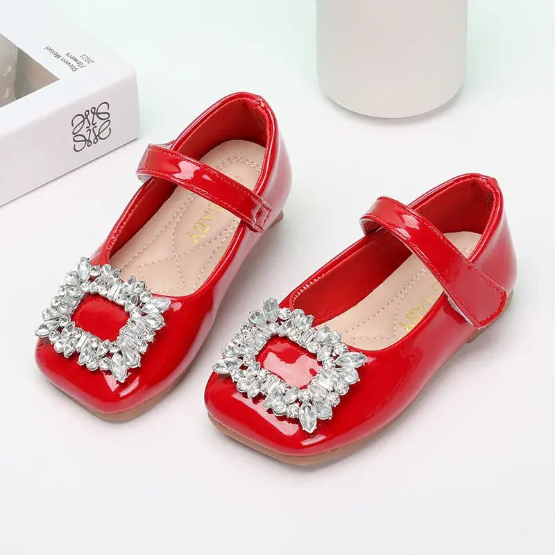 2025 The Latest Style Baby Girl mary Janes Shoes Patent Leather Fashion Square Toe Rhinestone Wedding Party Shoes Kids I07186