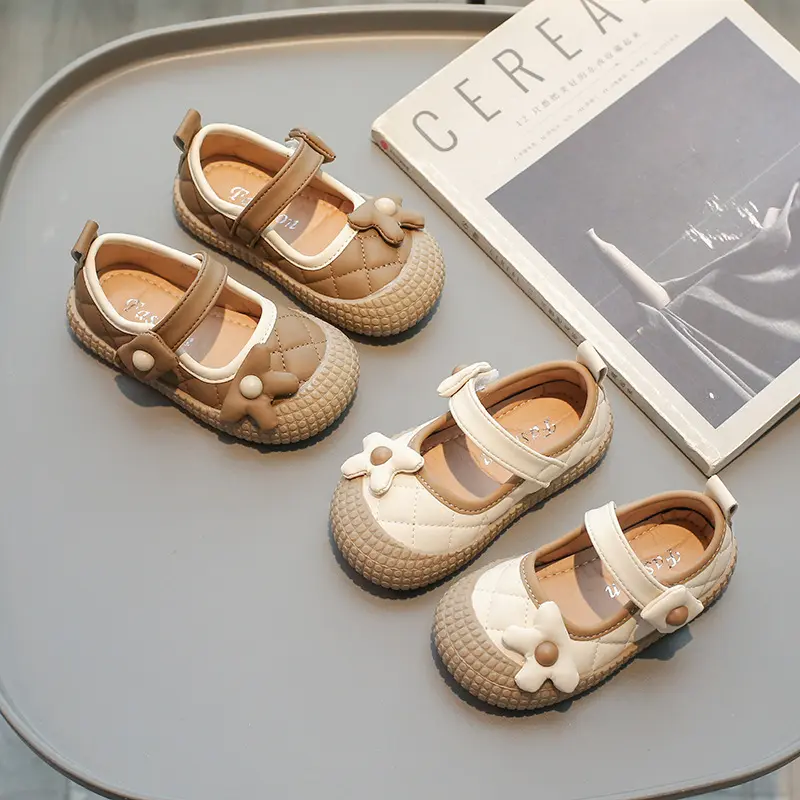 Soft Bottom Non-slip Baby Girl School Shoes Cute and Sweet 3D Floral Decos Girls mary janes Shoes New Plaid Walking Shoes I07235