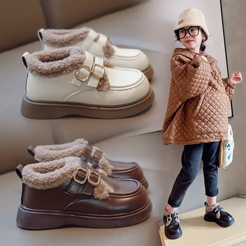 Winter Girls School Shoes Child Retro Black Beige Brown Princess Fur Shoes Kids All-match PU Leather Little Girl Footwear F10232