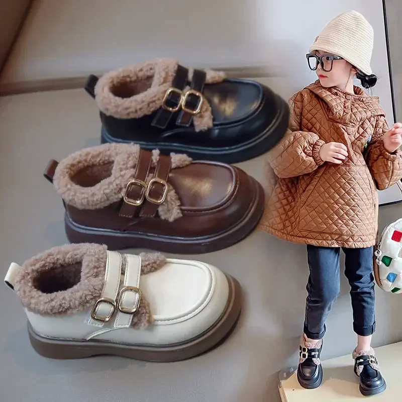 Winter Girls School Shoes Child Retro Black Beige Brown Princess Fur Shoes Kids All-match PU Leather Little Girl Footwear F10232