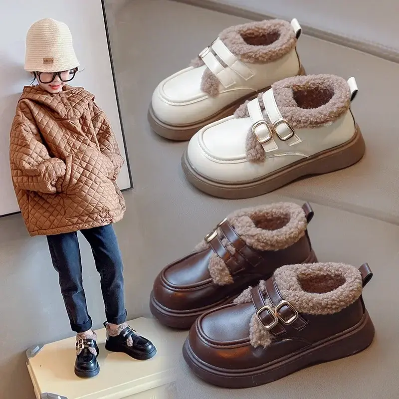 Winter Girls School Shoes Child Retro Black Beige Brown Princess Fur Shoes Kids All-match PU Leather Little Girl Footwear F10232