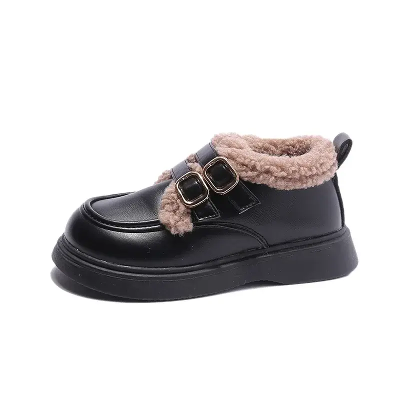 Winter Girls School Shoes Child Retro Black Beige Brown Princess Fur Shoes Kids All-match PU Leather Little Girl Footwear F10232