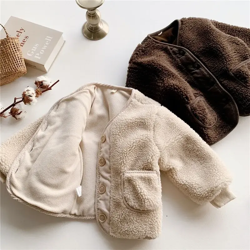 Little Girls' Woolen Jacket Coat Autumn 2024 New Infant Kids Children's Furry Fake Fur Winter Wool Cotton Blends Outwear EY08162