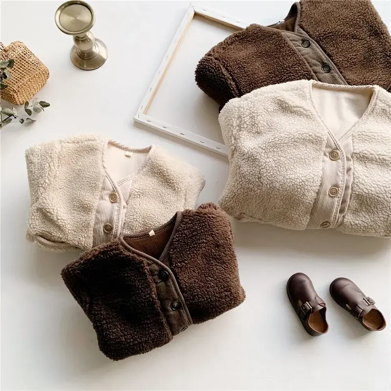 Little Girls' Woolen Jacket Coat Autumn 2024 New Infant Kids Children's Furry Fake Fur Winter Wool Cotton Blends Outwear EY08162