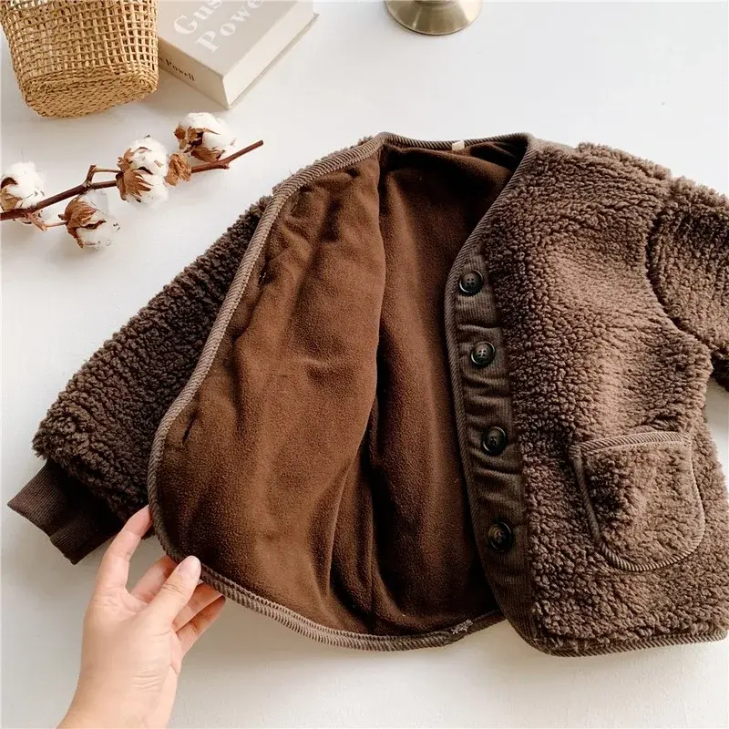 Little Girls' Woolen Jacket Coat Autumn 2024 New Infant Kids Children's Furry Fake Fur Winter Wool Cotton Blends Outwear EY08162
