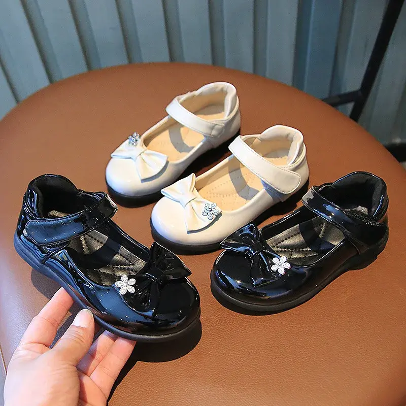 Girls Leather Shoes Spring Autumn New Flower Little Girl Shoes Fashion Bowtie Kids Girl Princess Dancing Shoes Size 26-36 I07163