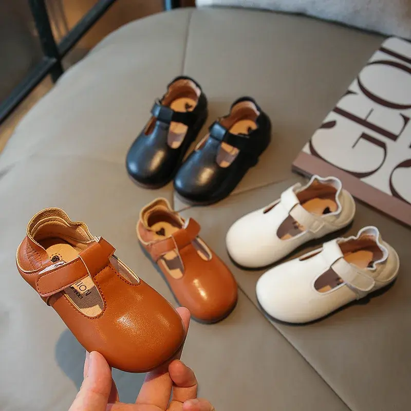 Baby Girl Shoes Leather School Shoes Ruched Toddler Sneaker Retro T-tied Kids Dress Shoes Baby Princess Flats Girls Shoe I07261