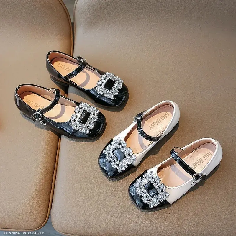 Design Rhinestones Girls Shoes 2025 Spring Autumn Soft Bottom British Student Shoes Kids Girl T-tied Elegant Leahter Shoe I07149