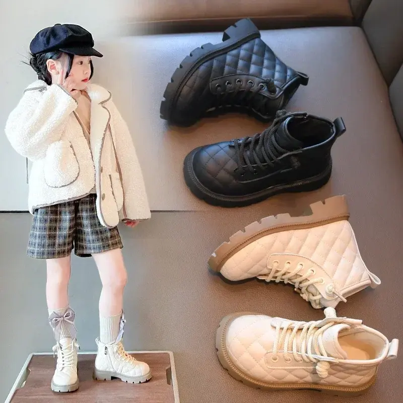 Stylish Plaid Pattern Children Boots Girls Shoes for Kids 2025 Autumn Winter Nice Princess Girl Short Boots Cozy Footwear I06107