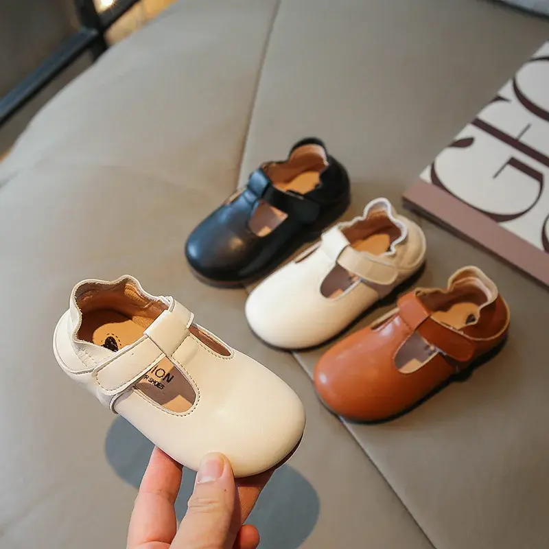 Baby Girl Shoes Leather School Shoes Ruched Toddler Sneaker Retro T-tied Kids Dress Shoes Baby Princess Flats Girls Shoe I07261