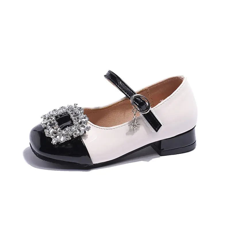 Design Rhinestones Girls Shoes 2025 Spring Autumn Soft Bottom British Student Shoes Kids Girl T-tied Elegant Leahter Shoe I07149