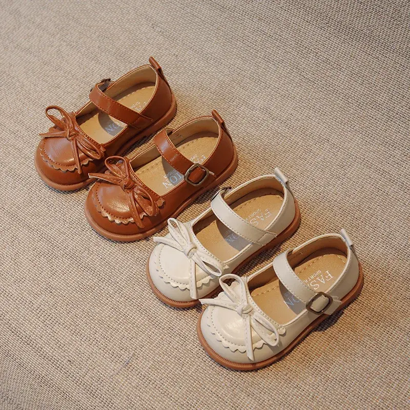 New Girls Princess Shoes Baby Fashion Bow Little Student Party Dance Shoe Kids Low-Heeled Leather Shoes Black Beige Brown I07185