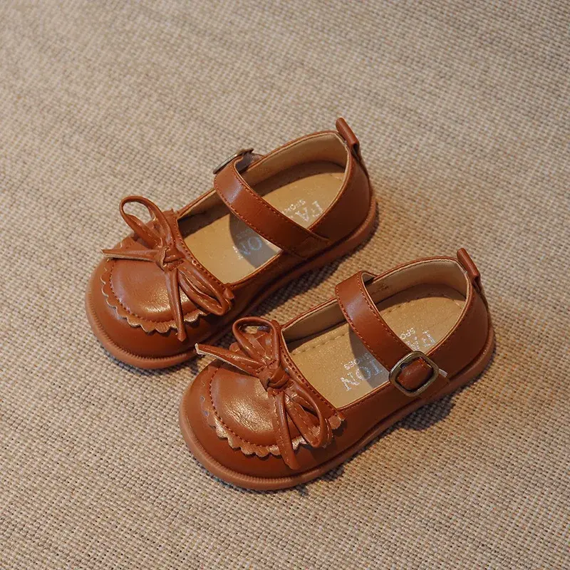 New Girls Princess Shoes Baby Fashion Bow Little Student Party Dance Shoe Kids Low-Heeled Leather Shoes Black Beige Brown I07185