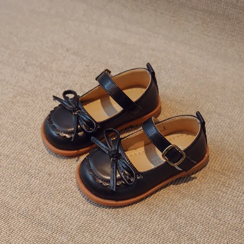 New Girls Princess Shoes Baby Fashion Bow Little Student Party Dance Shoe Kids Low-Heeled Leather Shoes Black Beige Brown I07185