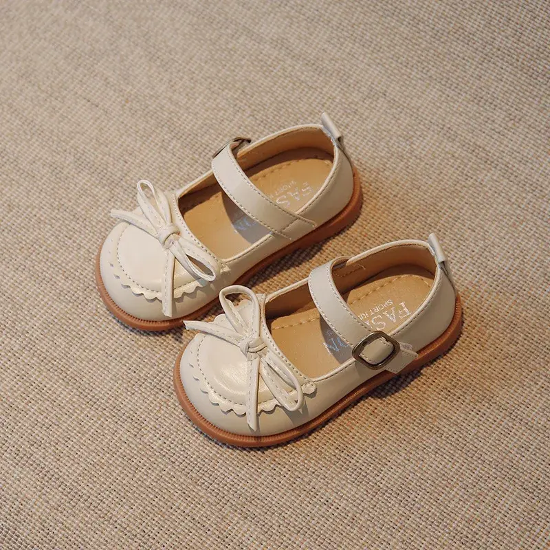 New Girls Princess Shoes Baby Fashion Bow Little Student Party Dance Shoe Kids Low-Heeled Leather Shoes Black Beige Brown I07185