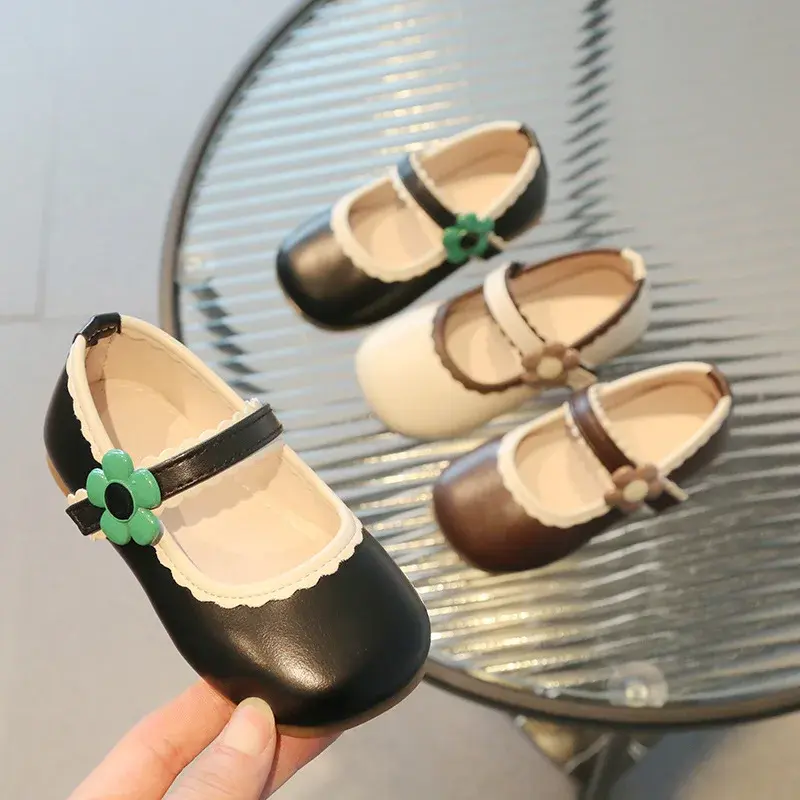 PU Leather Girls Shoes Toddler Baby Girl Flats Flowers mary janes Princess Kids Shoes Children Girls Soft Uniform Shoes I07173