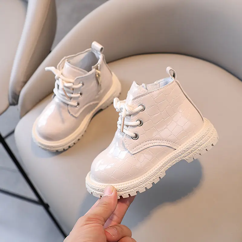 Pure Color Ankle Boots for Kids Girl England Style Crocodile Pattern PU Leather Boys Child Boots New Plaid Platform Shoes I07098