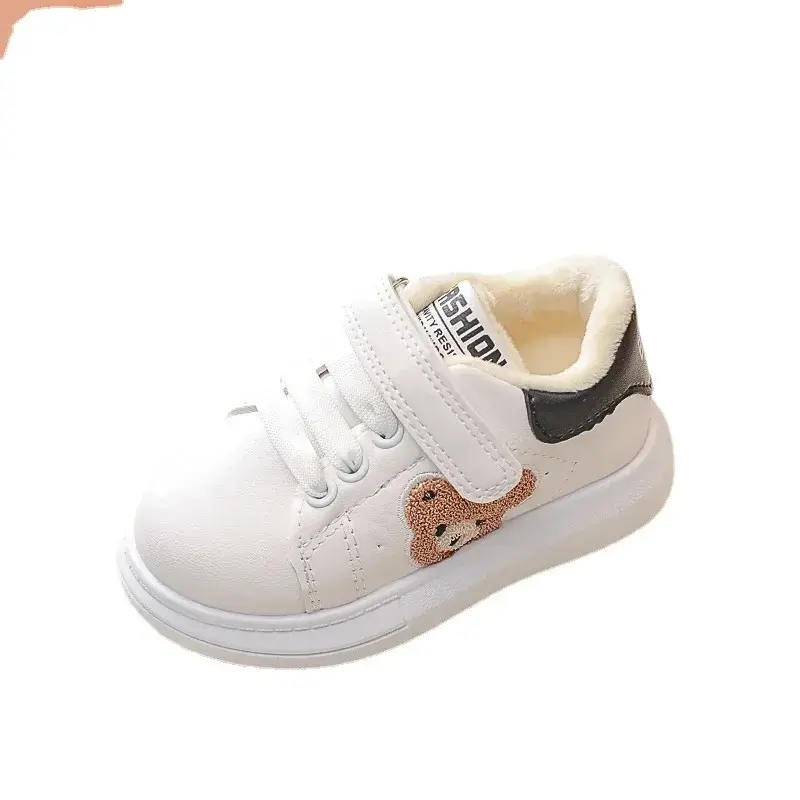 2024 Children Flats Shoes for Winter All-match Velvet Kids Sneakers Cute Cartoon Bear Boys Girls White tenis Shoes Child G10231