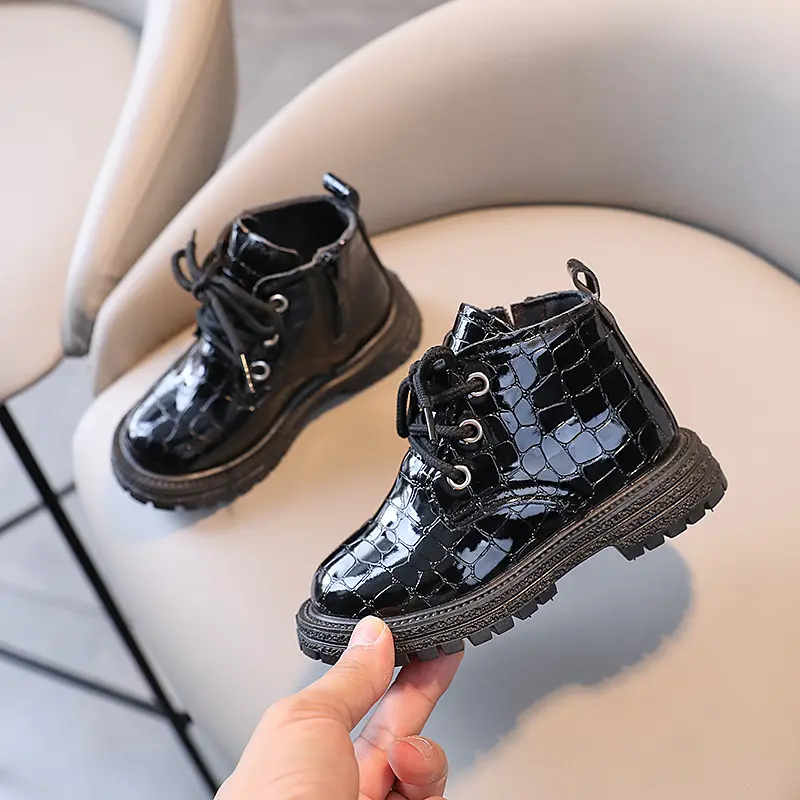 Pure Color Ankle Boots for Kids Girl England Style Crocodile Pattern PU Leather Boys Child Boots New Plaid Platform Shoes I07098