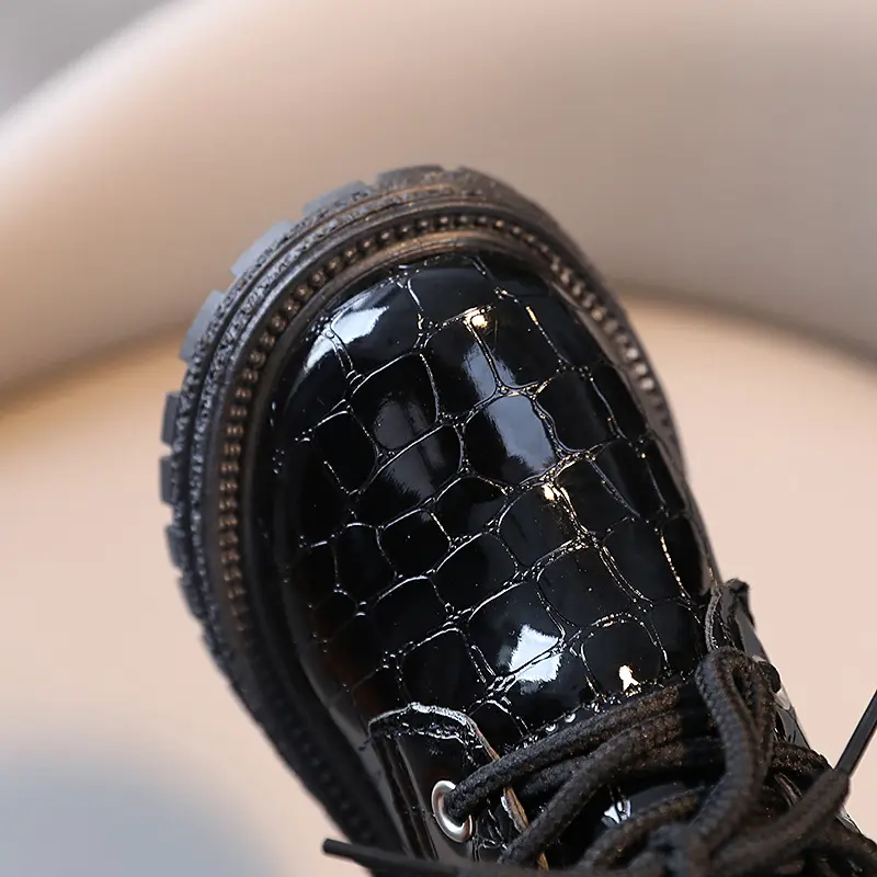 Pure Color Ankle Boots for Kids Girl England Style Crocodile Pattern PU Leather Boys Child Boots New Plaid Platform Shoes I07098