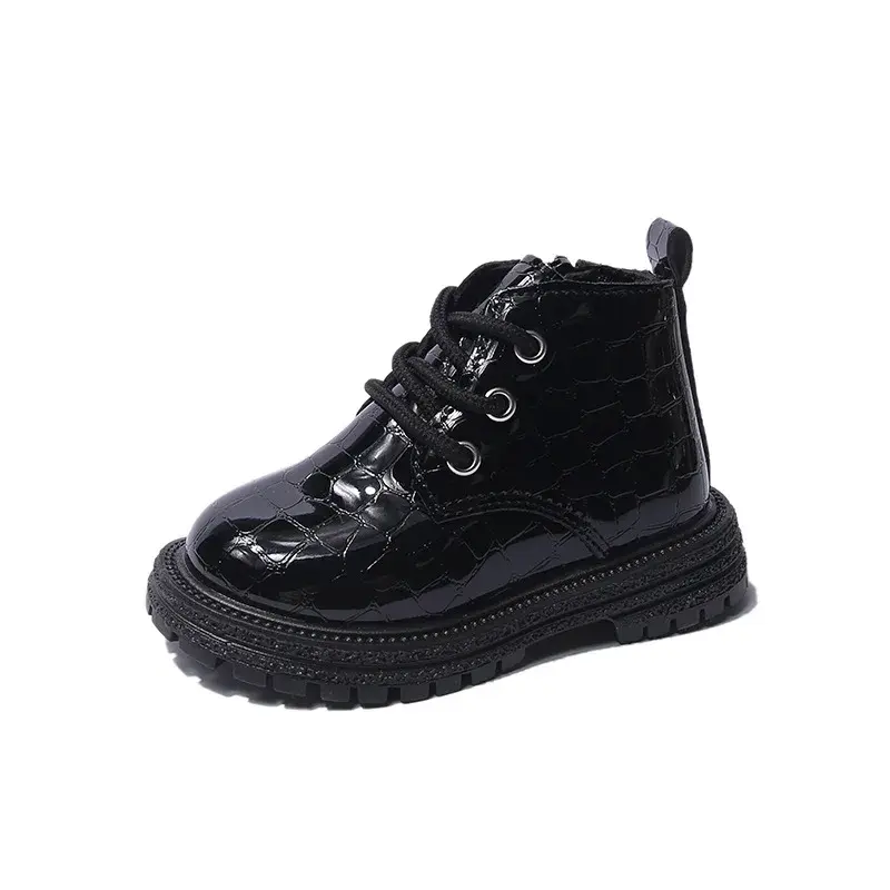 Pure Color Ankle Boots for Kids Girl England Style Crocodile Pattern PU Leather Boys Child Boots New Plaid Platform Shoes I07098