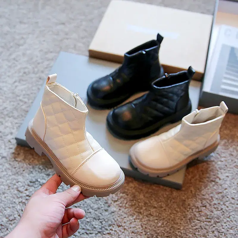 Velvet Girls Cotton Shoes Kids Classic Black Beige Brown Lattice Short Boots for Student Winter Latest Casual Shoe Child I07089