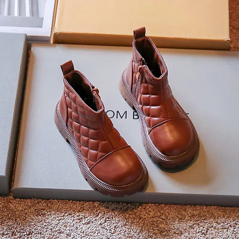 Velvet Girls Cotton Shoes Kids Classic Black Beige Brown Lattice Short Boots for Student Winter Latest Casual Shoe Child I07089