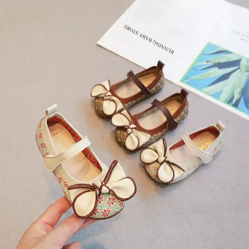Soft Knitted Vamp Ballet Flat Shoes for Girls Retro Flower Embroidery Baby Girl Dance Shoes Kids mary janes with Bow-tie I07195