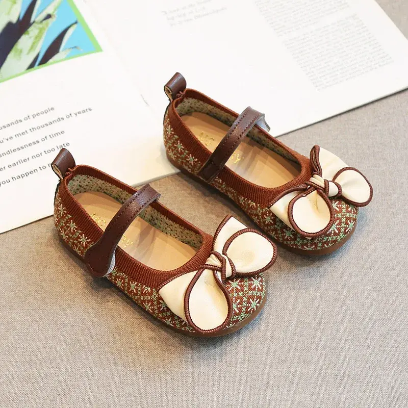 Soft Knitted Vamp Ballet Flat Shoes for Girls Retro Flower Embroidery Baby Girl Dance Shoes Kids mary janes with Bow-tie I07195