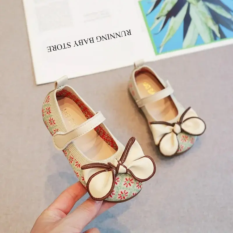 Soft Knitted Vamp Ballet Flat Shoes for Girls Retro Flower Embroidery Baby Girl Dance Shoes Kids mary janes with Bow-tie I07195