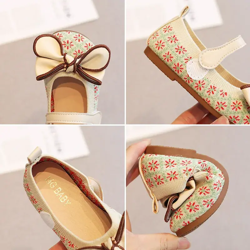 Soft Knitted Vamp Ballet Flat Shoes for Girls Retro Flower Embroidery Baby Girl Dance Shoes Kids mary janes with Bow-tie I07195