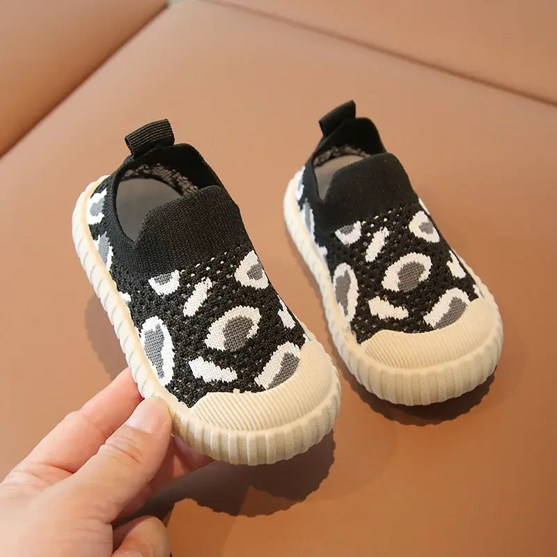 Super Soft Bottom Knitted Upper Baby Boys Shoes Low Top Leopard Shoes Baby Girls 1 year Non-slip Fresh Toddler Sneakers F08191