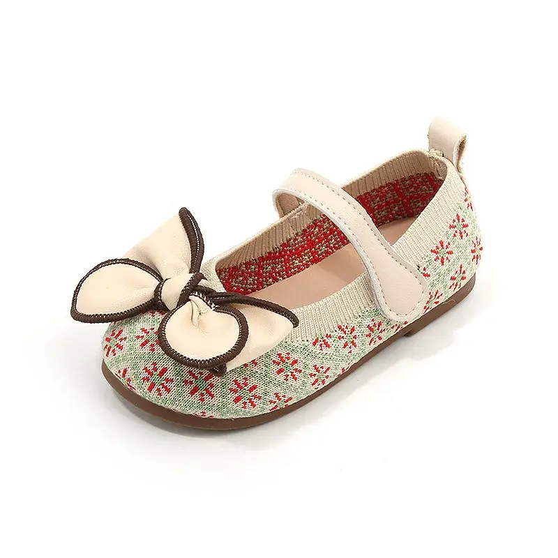 Soft Knitted Vamp Ballet Flat Shoes for Girls Retro Flower Embroidery Baby Girl Dance Shoes Kids mary janes with Bow-tie I07195