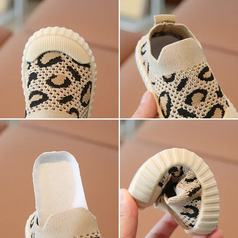 Super Soft Bottom Knitted Upper Baby Boys Shoes Low Top Leopard Shoes Baby Girls 1 year Non-slip Fresh Toddler Sneakers F08191