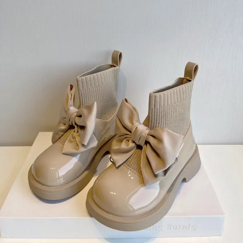 2024 Girl's Sock Boots Chunky Big Bowtie Elegant Cute Children Short Boot Patent Leather Winter Fashion Ship-on Kids Shoe H01256
