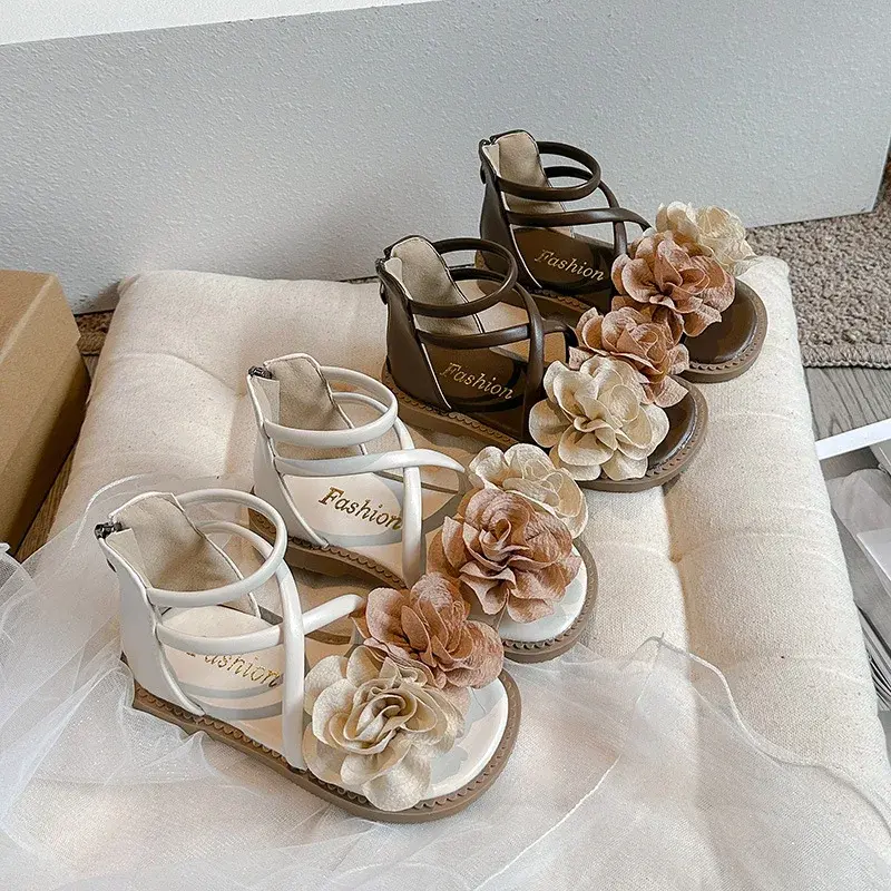 2025 Girls Sandals Summer New Flower Pearls Little Girl Princess Shoes Soft Bottom Non-slip Girl Kids Roman Sandals Shoes I03191