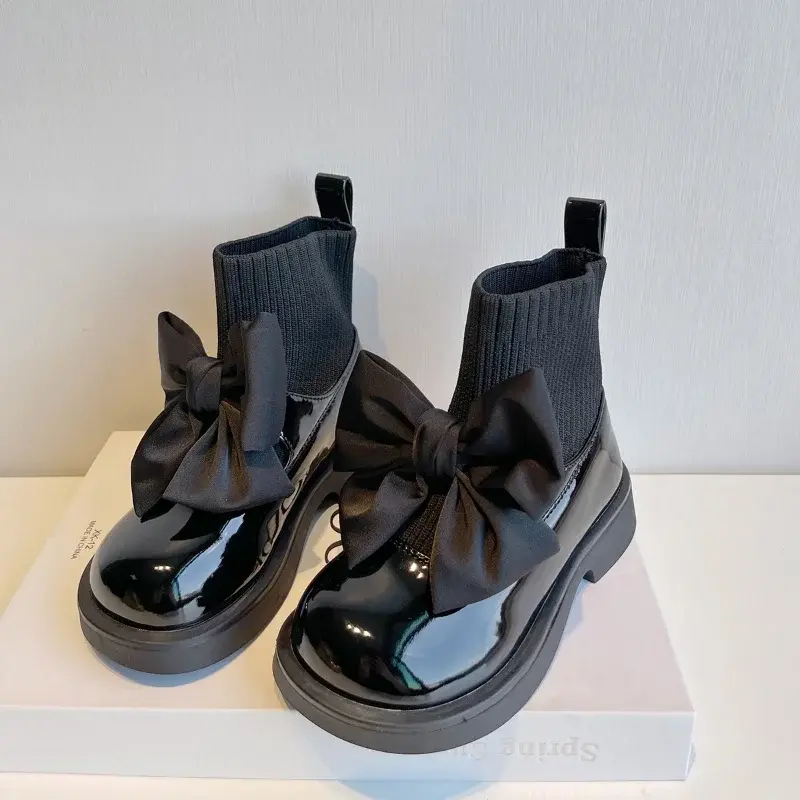 2024 Girl's Sock Boots Chunky Big Bowtie Elegant Cute Children Short Boot Patent Leather Winter Fashion Ship-on Kids Shoe H01256