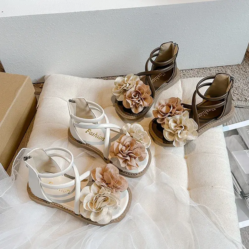 2025 Girls Sandals Summer New Flower Pearls Little Girl Princess Shoes Soft Bottom Non-slip Girl Kids Roman Sandals Shoes I03191