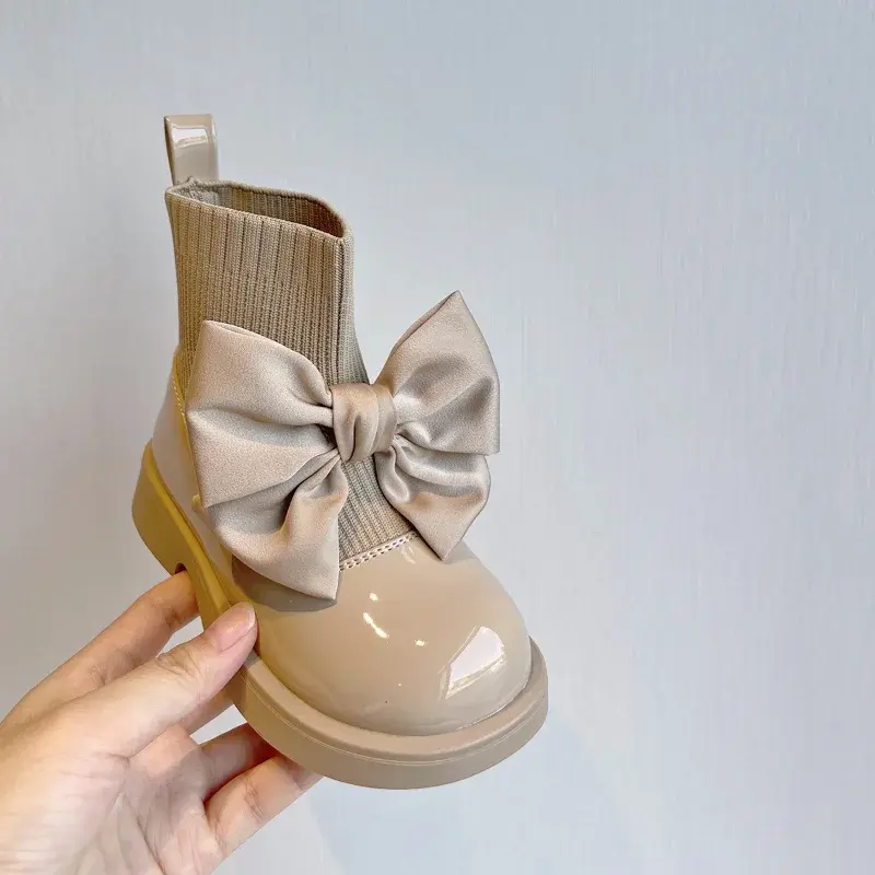 2024 Girl's Sock Boots Chunky Big Bowtie Elegant Cute Children Short Boot Patent Leather Winter Fashion Ship-on Kids Shoe H01256
