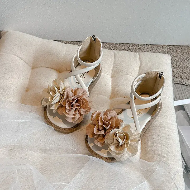 2025 Girls Sandals Summer New Flower Pearls Little Girl Princess Shoes Soft Bottom Non-slip Girl Kids Roman Sandals Shoes I03191